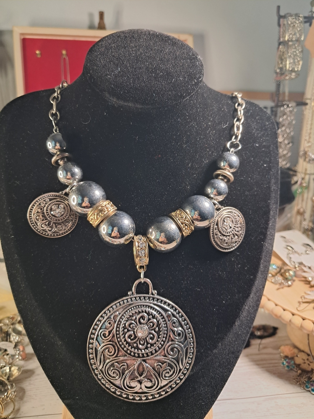 Chunky Silver And Gold Beaded Necklace With Large Pendant